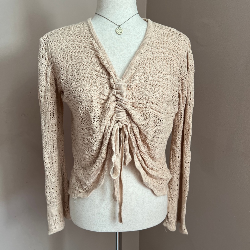Open Knit Crochet Tie Front Sweater Beige Long Sleeve‎ Boho Cottagecore Size M